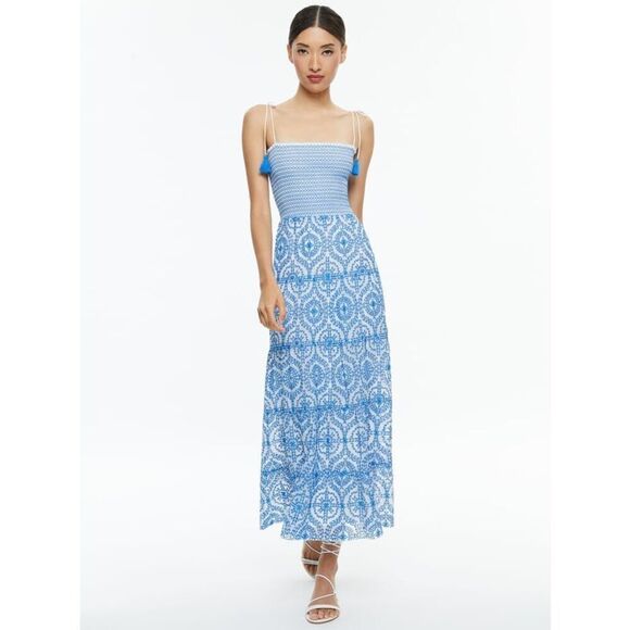 Alice + Olivia Women's Blue Geometric Marna Tie Strap Maxi Dress Size 12 NWOT - Picture 1 of 13